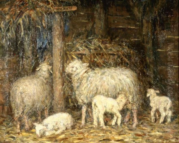 Schapen Inde Stal. Gesigneerd Oil Painting by Jacoba De Graaff