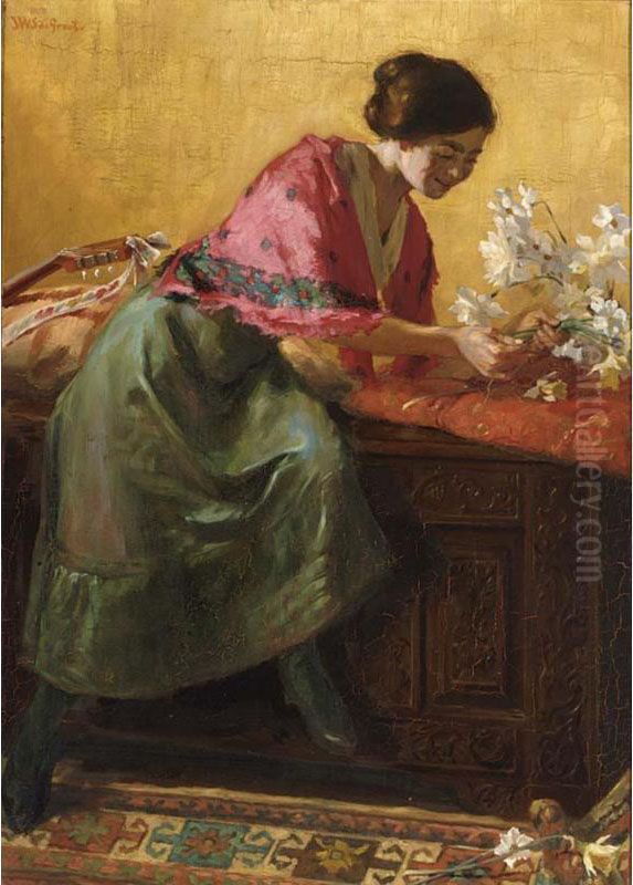 Elegant Lady Arranging Flowers Oil Painting by Johannes W. Simon De Groot