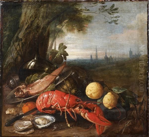 Nature Morte Au Homard Et Citrons Dans Un Paysage Devant La Ville D'anvers Oil Painting by Cornelis De Heem