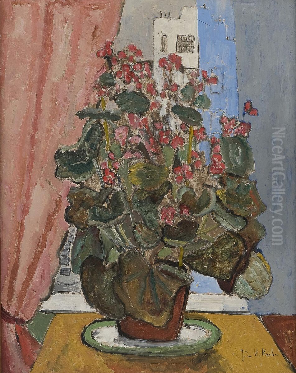 Oppstilling Med Blomsterkrukke I Vindu Oil Painting by Julie Holmberg De Krohn