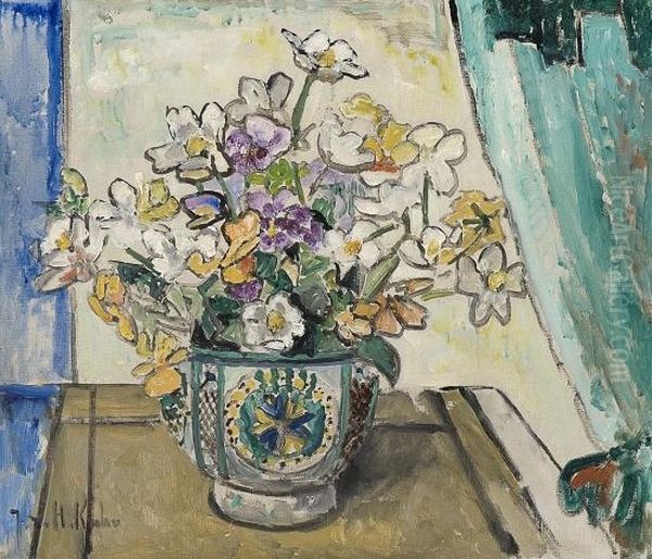 Oppstilling Med Blomster I Vase Oil Painting by Julie Holmberg De Krohn