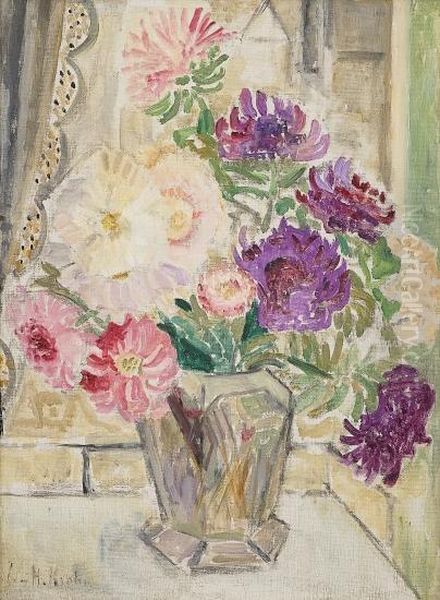 Oppstilling Med Krysantemum I Vase Oil Painting by Julie Holmberg De Krohn