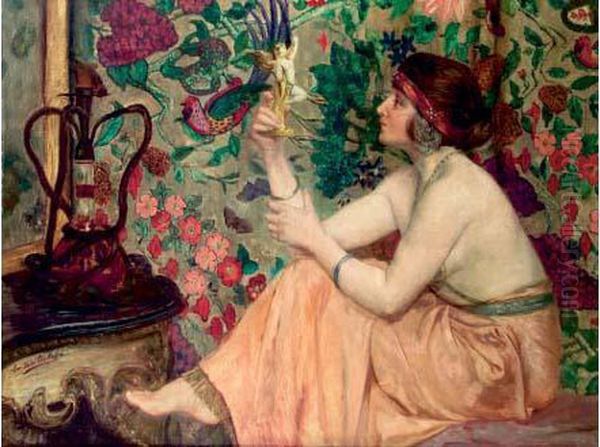 Jeune Femme Regardant Une Sculpture Oil Painting by Emile Pierre B. De La Montagne