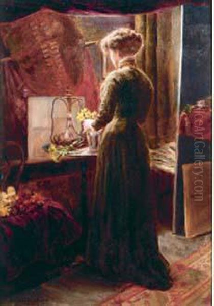 Femme Au Bouquet De Fleurs Oil Painting by Emile Pierre B. De La Montagne