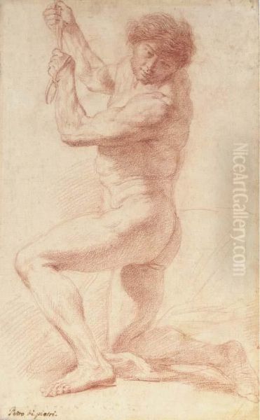 A Kneeling Man Looking Down To The Left Holding A Rope Oil Painting by Pietro Antonio De Pietri