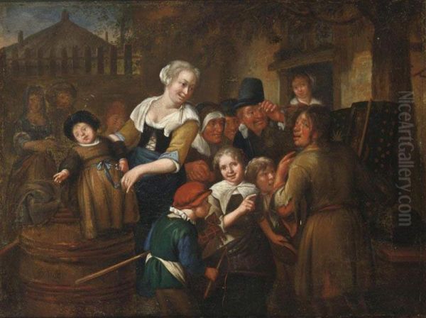Figures And Children Gathered Around A Travelling Sideshow Oil Painting by Gillis de Winter