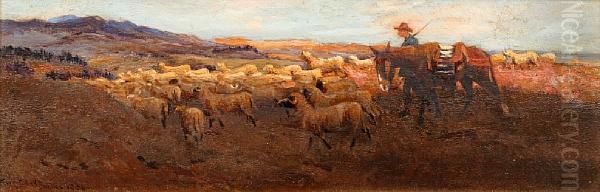 Drover With Mule And Sheep In An Extensive Landscape Oil Painting by Frank Dean