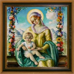 Blumenumrankte Madonna Mit Jesuskind Vor Berglandschaft