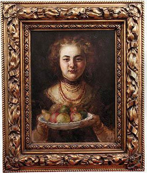 Girl With A Bowl Of Fruit Oil Painting by Jan Dedina