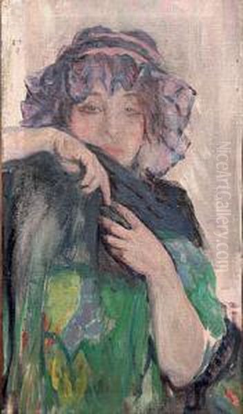 Lady In A Pink Hat Oil Painting by Jan Dedina