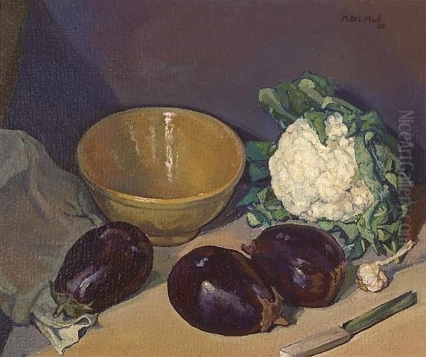 A Still Life With Eggplants, Cauliflower, Garlic And A Yellow Bowl Oil Painting by Maurice Auguste Del Mue