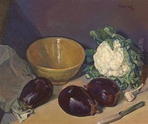 A Still Life With Eggplants, Cauliflower, Garlic And A Yellow Bowl