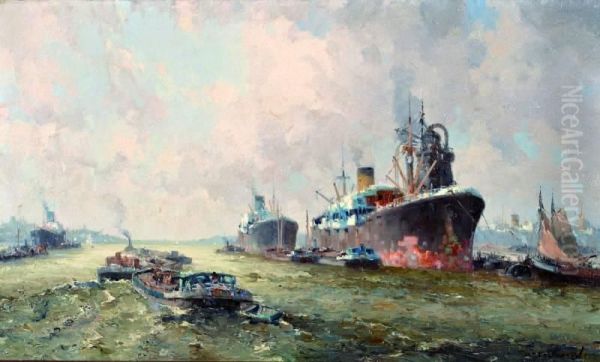 Zeeschepen En Sleepboten In Rotterdamse Haven Oil Painting by Gerardus Johannes Delfgaauw