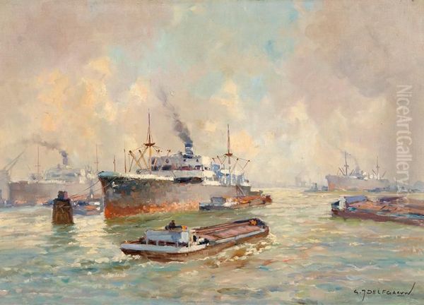 Activity In The Rotterdam Harbour Oil Painting by Gerardus Johannes Delfgaauw