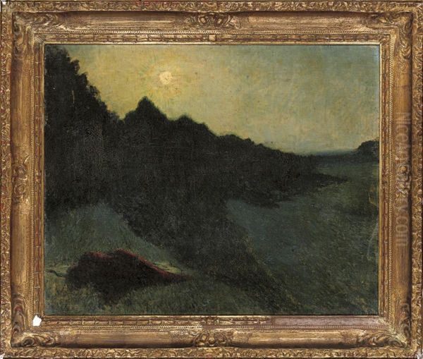 A Moonlit Landscape Oil Painting by Jean Delville
