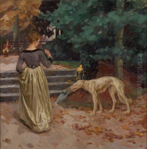 Dame Mit Hund Im Park Oil Painting by Willy Hugo Demmler