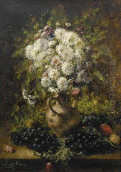 Floral Still Life With White Mums And Grapes Oil Painting by Johan Den Engelse Wiemans