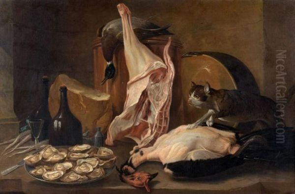 Chat Bousculant Les Apprets Du Dejeuner Et Nature Morte Au Lievre, Faisan, Perdreaux Et Becasse Oil Painting by Alexandre-Francois Desportes