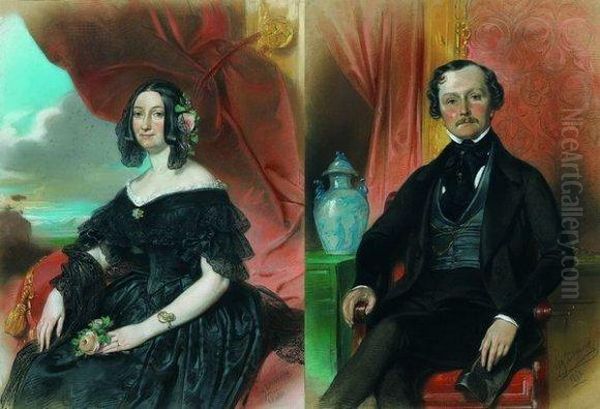 Paire De Portraits Oil Painting by Eugene Francois Marie Joseph Deveria