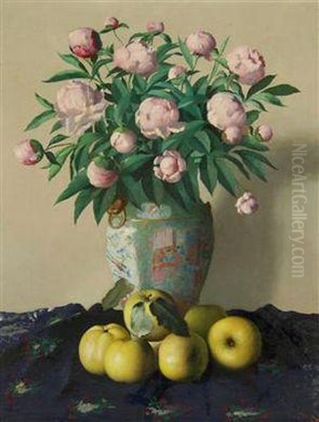 A Still Life With Peonies And Fruit Oil Painting by Xaver Frantisek Diblik