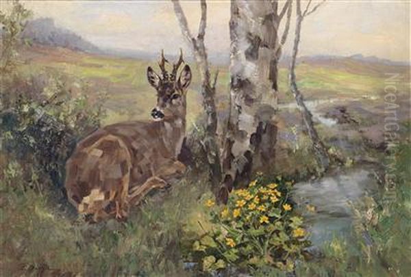 Roebuck And Marsh Marigolds Oil Painting by Erich Dichtl