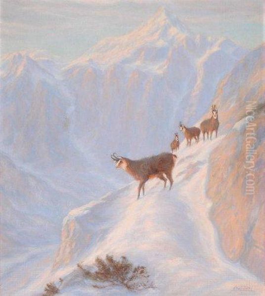 Chamois Dans La Neige Oil Painting by Erich Dichtl