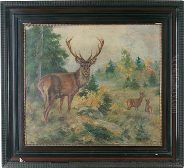 Kapitaler Hirsch Mit Seinen Tieren Oil Painting by Erich Dichtl