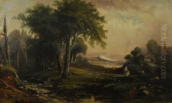 Figures Returning To Their Cottage Oil Painting by Charles William H. Dicker