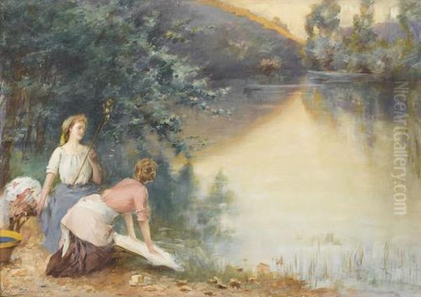 Flussuferpartie Mit Zwei Wascherinnen. Oil Painting by Serkis Diranian