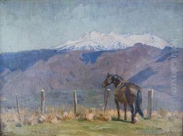 Horse In A Landscape 'the Fence' Oil Painting by Beatrix Charlotte Dobie