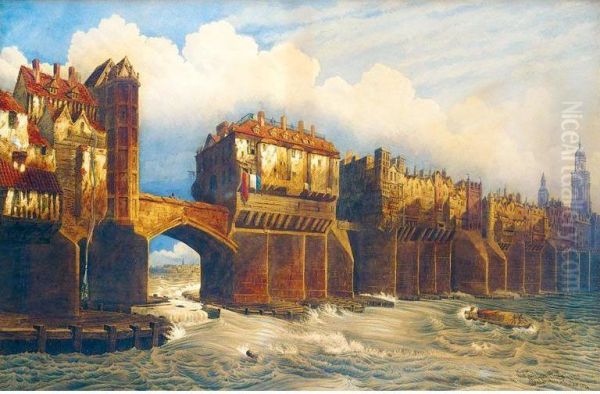 Old London Bridge In 1745 Oil Painting by Joseph Josiah Dodd