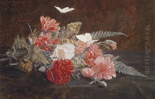 Bouquet Of Flowers With Carnations And Ferns Oil Painting by Auguste Doll