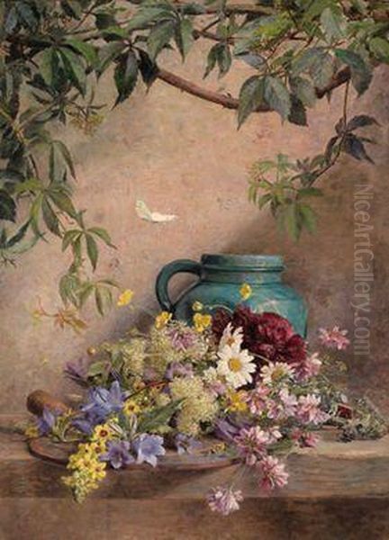 Sommerblumenstuck Mit Schmetterling Oil Painting by Auguste Doll