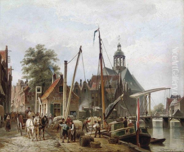 Unloading A Barge On A Rotterdam Quay Oil Painting by Cornelis Christiaan Dommersen