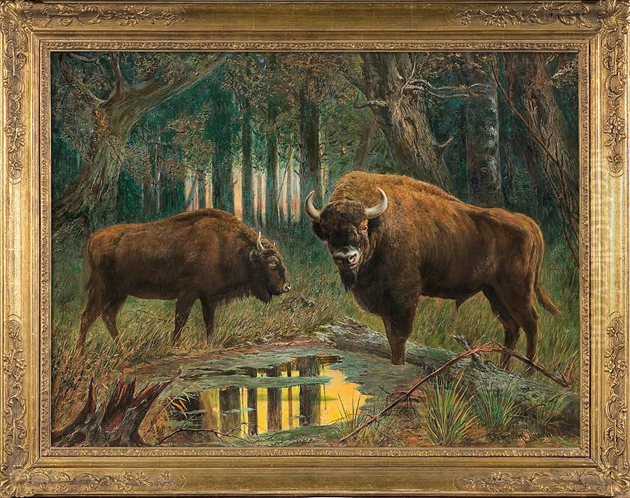 Bisons Oil Painting by Ermenegildo Carlo Donadini