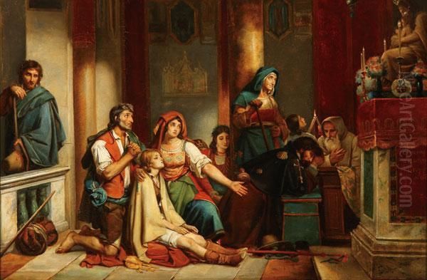 Pilgrims With An Invalid Child Before A Marian Altar Oil Painting by Ottto Donner Von Richter