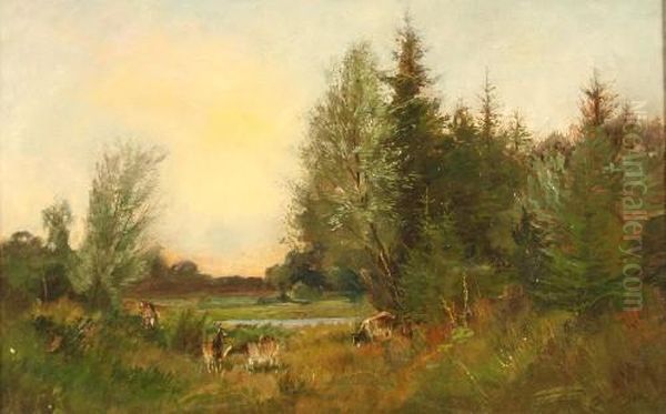 Bewaldeteauenlandschaft Mit Ziegen Oil Painting by Friedrich Dorn