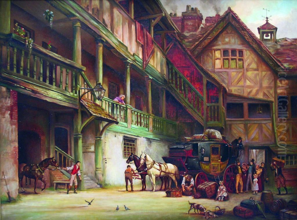 The Arrival Of The Mail Coach; The Meeting Of The Hunt Oil Painting by Margaret Dovaston