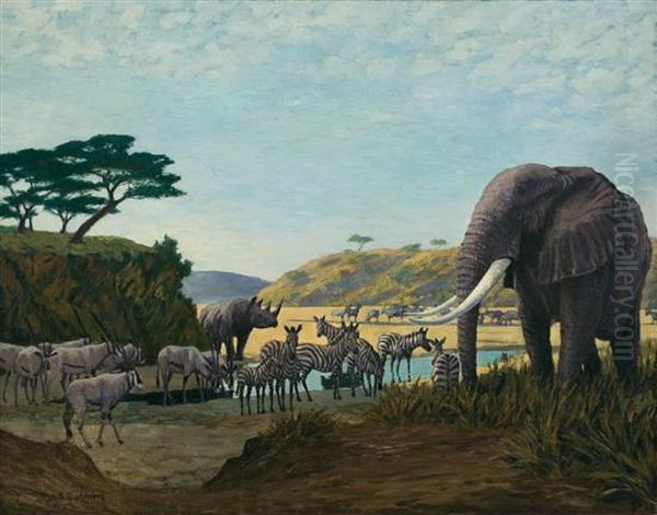 African Water At Dawn, Elephant, Oryx, Zebra And Rhino Oil Painting by Arthur Radclyffe Dugmore