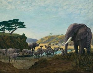 African Water At Dawn, Elephant, Oryx, Zebra And Rhino