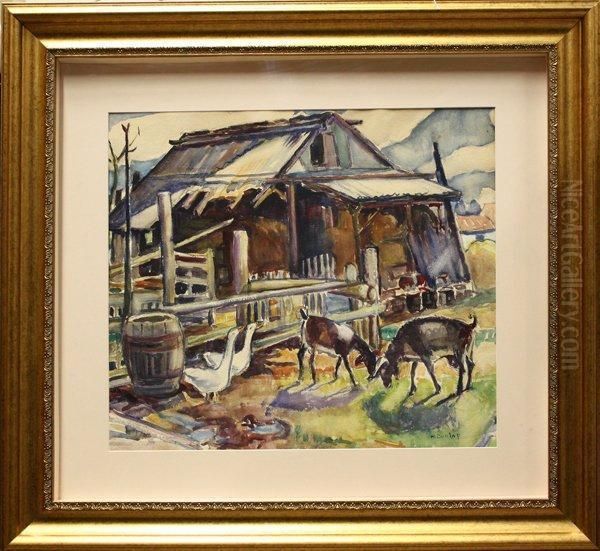 Shipyard Scene And Barnyard Scene Oil Painting by Helena Adele Dunlap