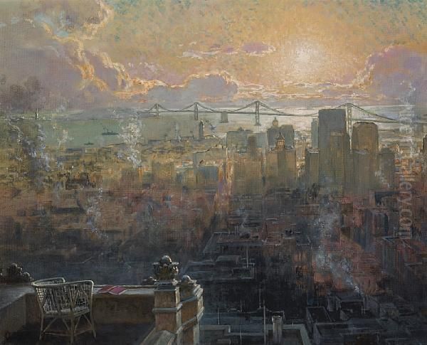 The Oakland Bay Bridge And Downtown Sanfrancisco From Nob Hill Oil Painting by Clarkson Dye