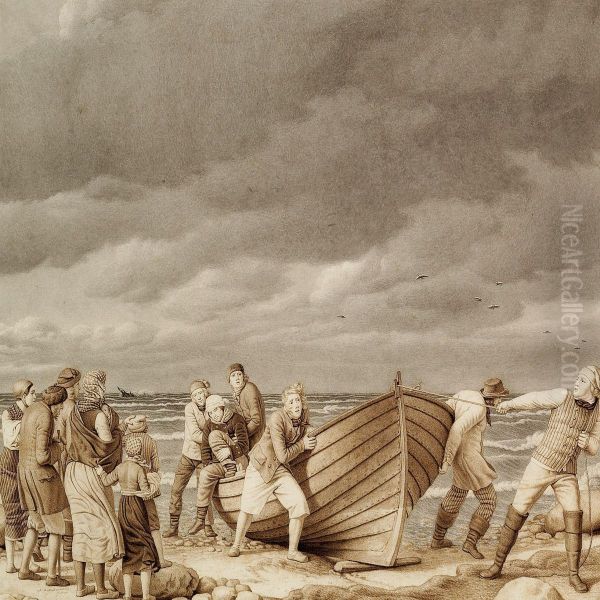 Fishermen From Hornbaek Saving The Captain From A Stranded English Ship Oil Painting by Erling Eckersberg