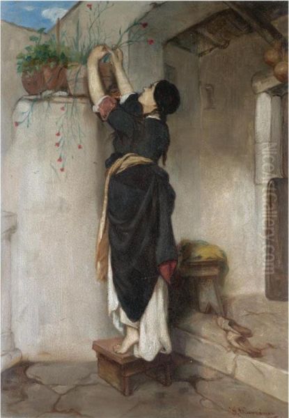 Woman Arranging Flowers Oil Painting by Ioannis Economou