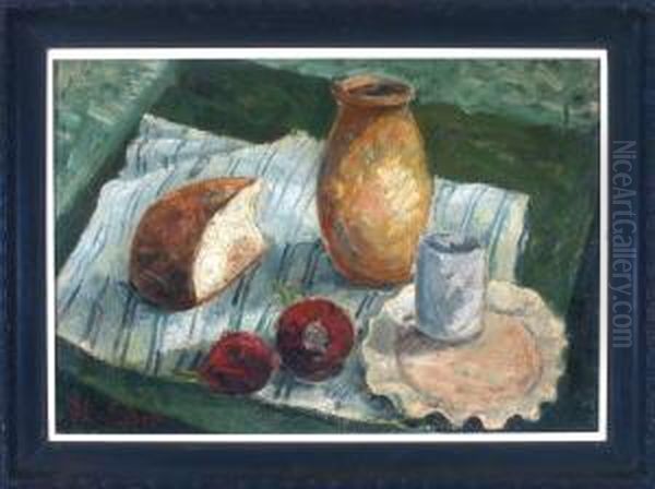 Stilleben Mit Brot, Zwei Radieschen, Keramikvase Und Becher Auf Einem Gestreiften Deckchen Auf Grunem Untergrund Oil Painting by Hans Eder