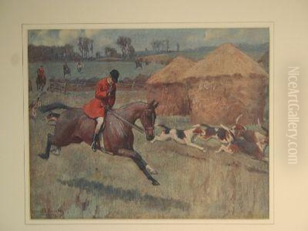 Coloured Print - Hunt In Full Cry By Haystack Oil Painting by Lionel Louis Edwards