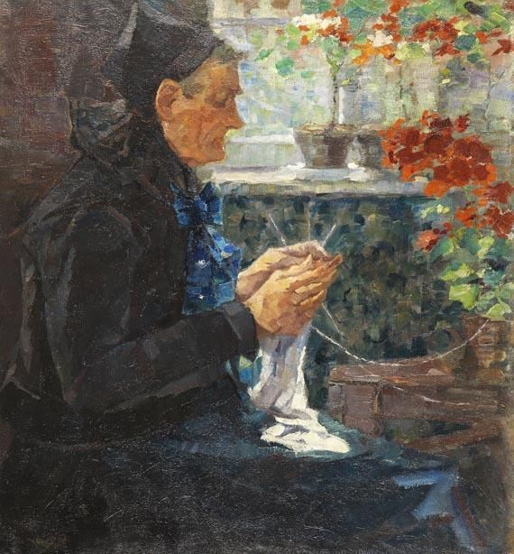Strickende Vierlanderin Oil Painting by Ernst Wilhelm H. Eitner