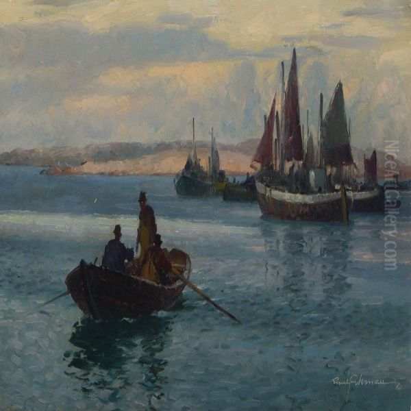 Seascape With Fishingboats Oil Painting by Emil Ekman