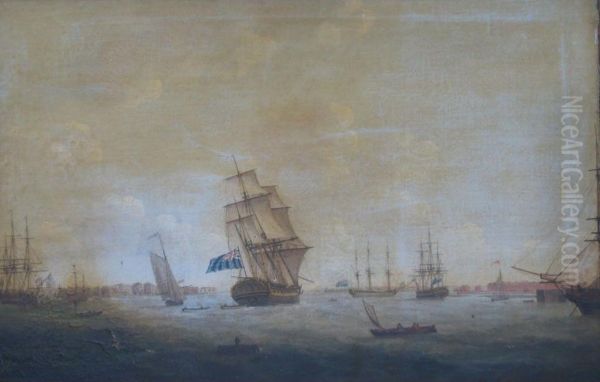 A Panoramaof Portsmouth Harbour With Men O'war And Other Shipping Oil Painting by Thomas Elliot