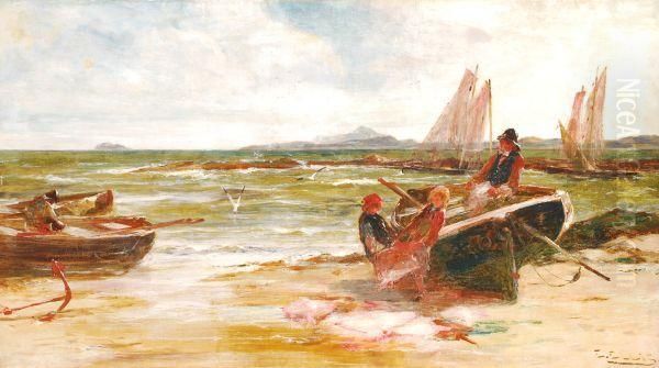 Beachscene With Fisherfolk At Low Tide Oil Painting by Edwin Ellis
